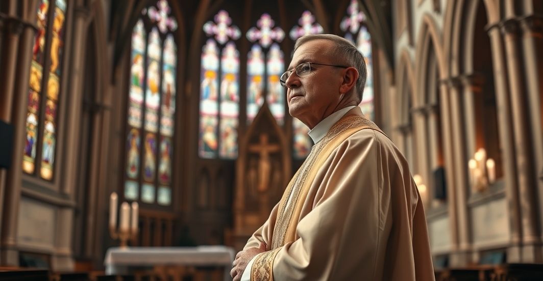 Kapłan katolicki w tradycyjnym kościele, wyraz powagi i głębokiej wiary, symbolizujący odrzucenie modernistycznej herezji