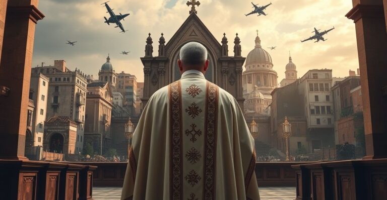 Kapłan w tradycyjnych szatach przed ołtarzem, za nim zniszczone budynki i samoloty, symbolizujące duchową i moralną kryzys w obliczu wojny i zaniechania modlitwy, refleksja nad odrzuceniem Chrystusa