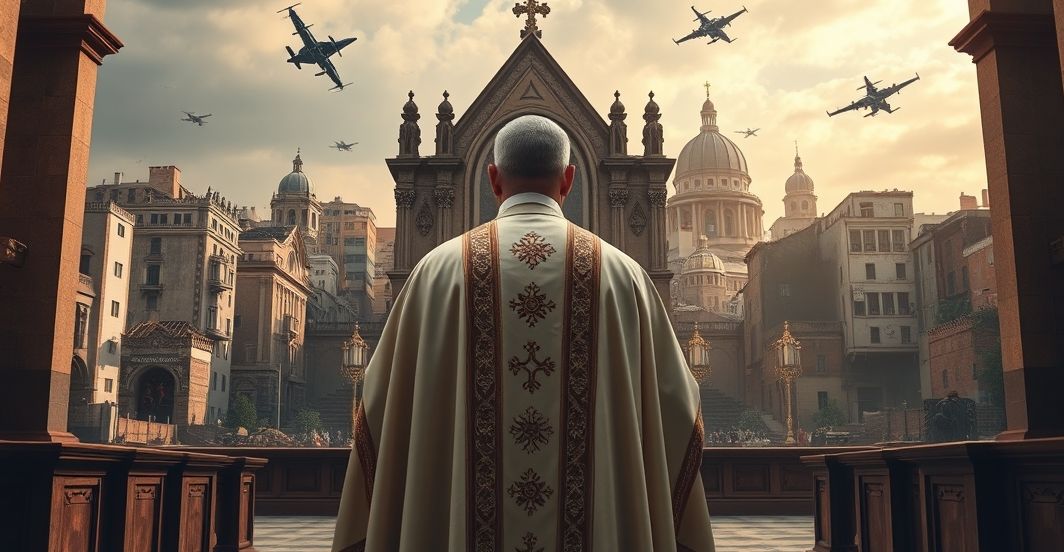 Kapłan i zniszczony świat w kryzysie duchowym Kapłan w tradycyjnych szatach przed ołtarzem, za nim zniszczone budynki i samoloty, symbolizujące duchową i moralną kryzys w obliczu wojny i zaniechania modlitwy, refleksja nad odrzuceniem Chrystusa