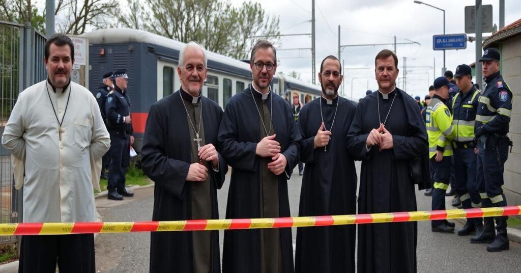 Scena w Adamuz w Hiszpanii, gdzie tradycyjni katoliccy kapłani są blokowani przez policję podczas próby udzielenia ostatnich sakramentów ofiarom katastrofy kolejowej.