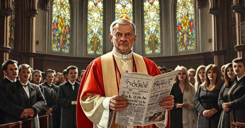 Tradycyjny kościół katolicki z kapłanem przy ołtarzu i niepewnymi świeckimi czytającymi artykuł o zastępowaniu duchownych przez świeckich