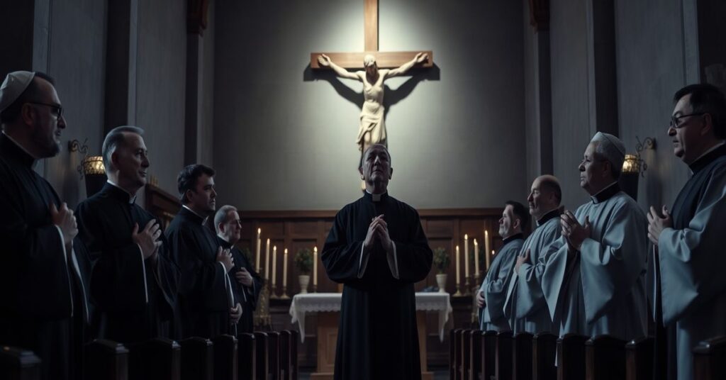 Tradycyjny wnętrze kościelne z kapłanami modlącymi się przed krzyżem w odporności wobec herezji współczesnych czasów.