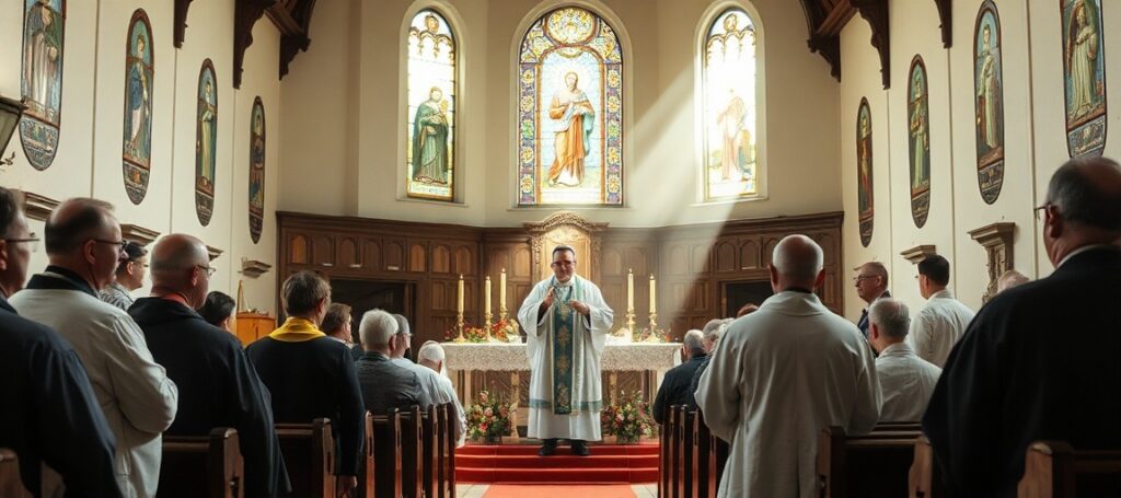 Grupa doświadczonych kapłanów modli się w tradycyjnym kościele katolickim przed ołtarzem z świecami i ikonami religijnymi. Arcybiskup Stanisław Budzik wygłasza kazanie o prawdziwej odpowiedzialności pasterskiej.