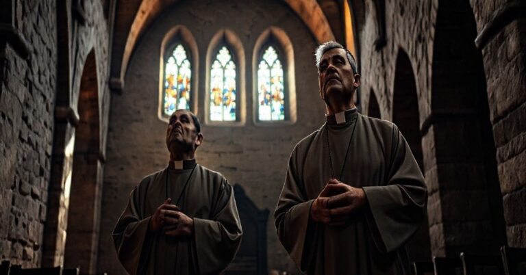 Dwa kapłani katoliccy modlący się w starym kościele, symbolizujący duchową walkę i moralny sprzeciw wobec prześladowań