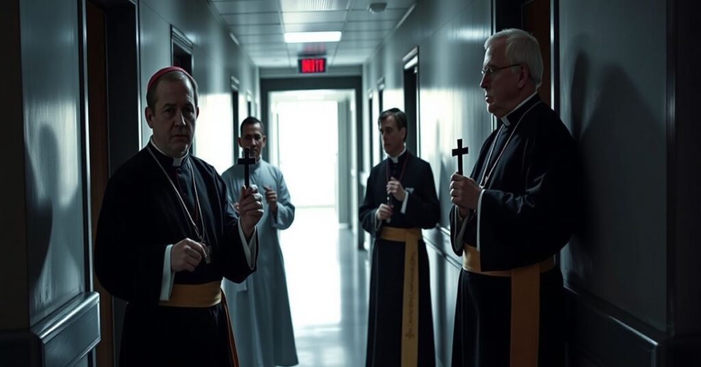 Dwie tradycyjne katolickie kapłany w sutannach zostają fizycznie powstrzymywane przez świeckich urzędników podczas próby udzielenia ostatniego namaszczenia ofiarom wypadku kolejowego. Scena jest ciemna i przerażająca, podkreślając konflikt między miłosierdziem a oporem instytucjonalnym.