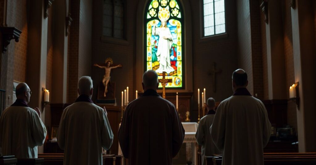 Wezwanie do powrotu do prawdziwej wiary katolickiej w tradycyjnym kościele z kapłanami w sutannach modlącymi się przed ołtarzem