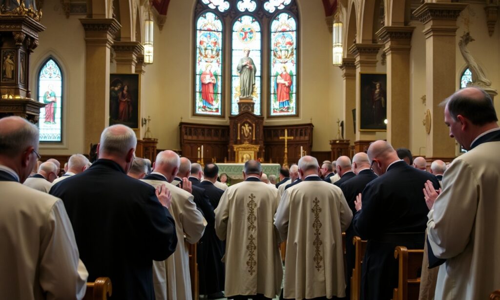 Tradycyjna msza św. w kościele z kapłanami z SSPX modlącymi się w tradycyjnych ornatach