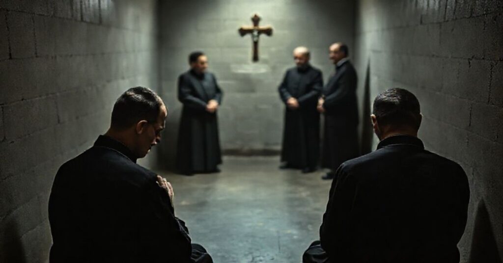Porywająca fotografia dwu więzionych katolickich kapłanów w ciemnej celi więziennej