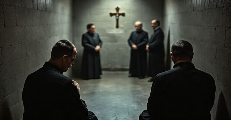 Porywająca fotografia dwu więzionych katolickich kapłanów w ciemnej celi więziennej