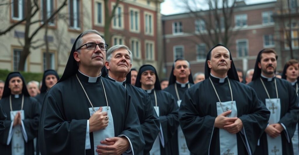 Religijni kapłani modlący się na zewnątrz, wyrażający powagę i krytykę wobec nowoczesnych hierarchów katolickich odrzucających Chrystusa Króla.