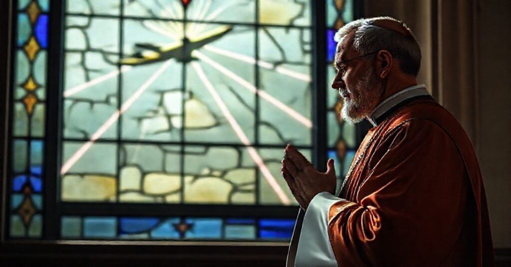 Tradycyjny kapłan w stroju liturgicznym modli się przed witrażem przedstawiającym samolot i laserowe promienie. Scena symbolizuje kryzys moralny w społeczeństwie.