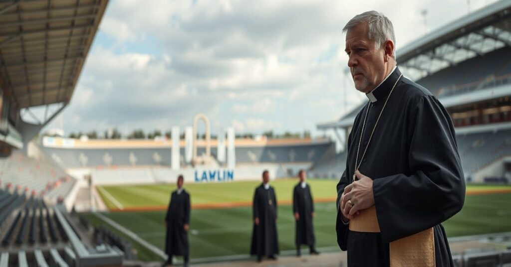 Obraz przedstawiający poważnego kapłana katolickiego w tradycyjnym strój kapłański przed widowiskową halą sportową w Lublinie podczas XVIII Mistrzostw Europy Księża w Piłce Halowej. Na tle widoczne jest miejsce pamięci historycznej związane z Majdankiem.