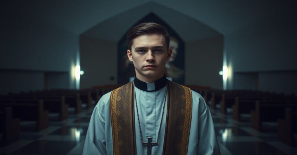 Młody kapłan w nowoczesnym kościele bez tradycyjnego wystroju liturgicznego