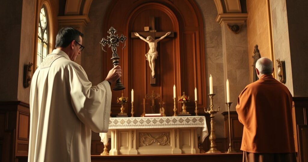 Realistyczne, pełne szacunku zdjęcie katolickiego kapłana podczas Eucharystii przy ołtarzu, symbolizujące wiarę i nabożeństwo.