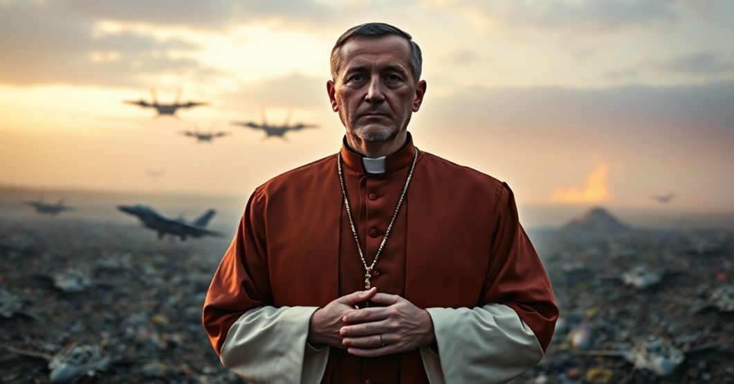 Czcigodny książ w tradycyjnych szatach kapłańskich stoi przed zniszczonym krajobrazem wojennym, wzrok skierowany w kierunku symboli wojskowych NATO i Rosji. W ręku trzyma różaniec, symbolizując duchowy opór przeciwko bałwochwalczemu kultowi siły militarnych.