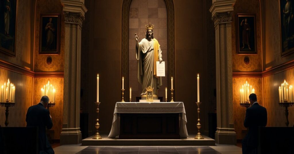 Kapelan z ołtarzem i postacią Chrystusa Króla, symbolizujący katolicką wiarę wobec ekumenizmu z islamem