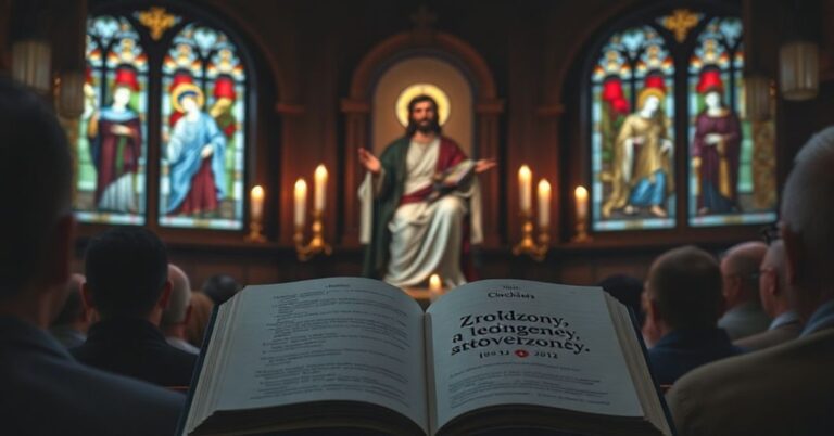 Wnętrze tradycyjnej kaplicy z rzeźbą Chrystusa Króla otoczoną świecami. Na ambonie leży otwarta książka z tytułem 'Zrodzony, a nie stworzony'. Okna witrażowe przedstawiają elementy Nicejskiego wyznania wiary.