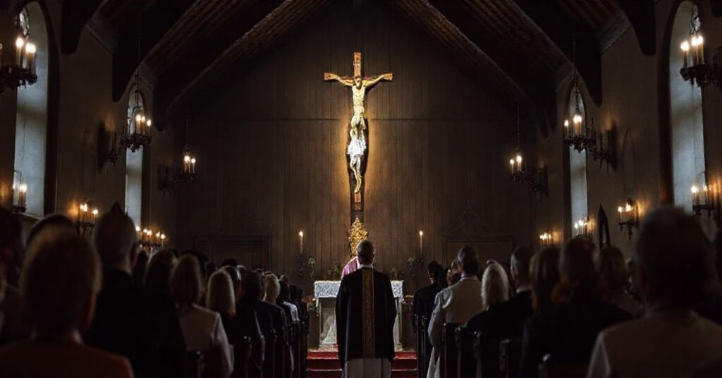 Kaplica Dziecka Począgowego w Wałbrzychu - tradycyjne wnętrze z modlącym się tłumem, kapłanem w tradycyjnych ornatach i krzyżem, symbolizującym pokutę za grzechy aborcji w Polsce.