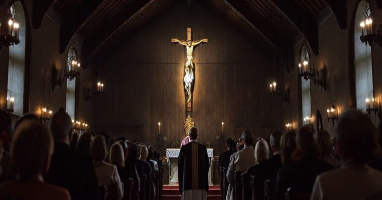 Kaplica Dziecka Począgowego w Wałbrzychu - tradycyjne wnętrze z modlącym się tłumem, kapłanem w tradycyjnych ornatach i krzyżem, symbolizującym pokutę za grzechy aborcji w Polsce.