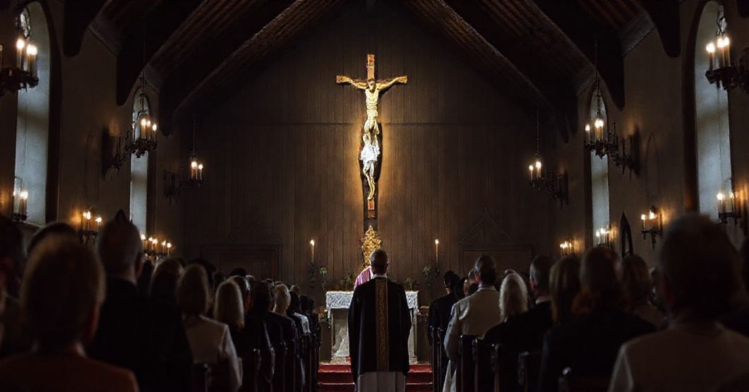 Kaplica Dziecka Począgowego w Wałbrzychu - tradycyjne wnętrze z modlącym się tłumem, kapłanem w tradycyjnych ornatach i krzyżem, symbolizującym pokutę za grzechy aborcji w Polsce.