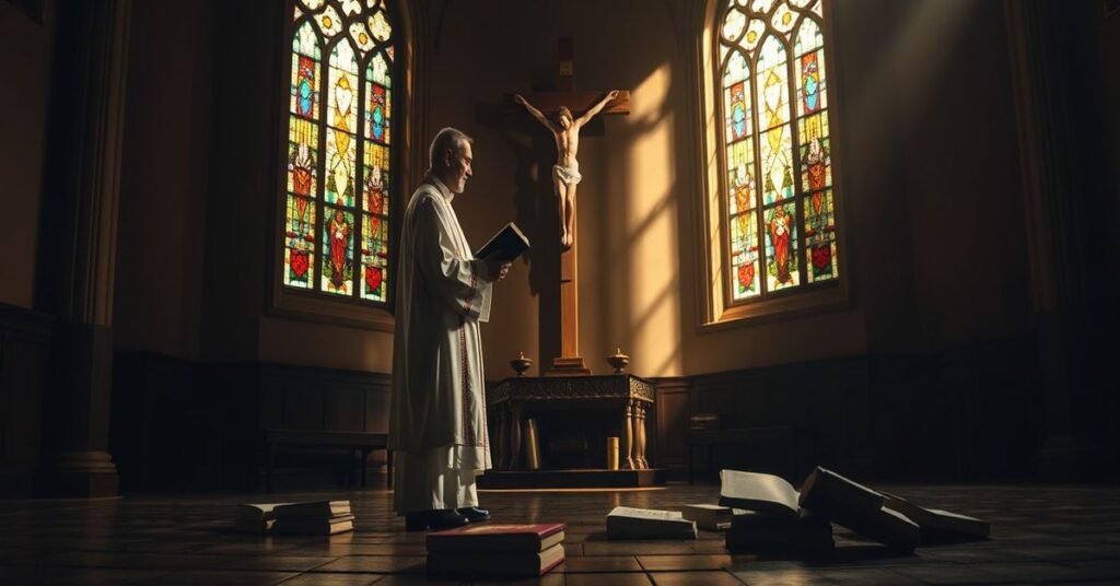 Ksiądz w stroju liturgicznym w kaplicy gotyckiej z rozrzuconymi książkami poezji na podłodze.