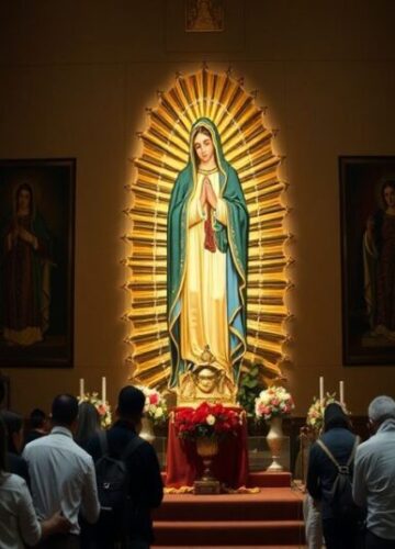 Wątpliwości teologiczne wokół kultu Matki Bożej z Guadalupe Obraz przedstawiający kontrowersyjna kapliczkę Matki Bożej z Guadalupe w Meksyku z wątpliwym wizerunkiem na tilmie