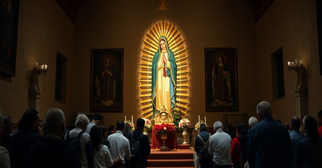 Obraz przedstawiający kontrowersyjna kapliczkę Matki Bożej z Guadalupe w Meksyku z wątpliwym wizerunkiem na tilmie