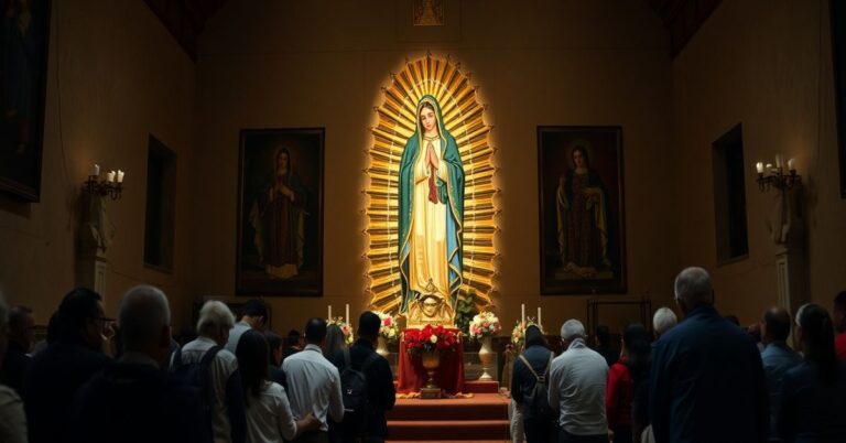 Obraz przedstawiający kontrowersyjna kapliczkę Matki Bożej z Guadalupe w Meksyku z wątpliwym wizerunkiem na tilmie