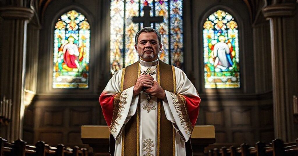 Kaplica katolicka z kapłanem w tradycyjnych szatach liturgicznych trzymającym krucyfiks. Scena oświetlona promieniami światła przechodzącymi przez witraże przedstawiające biblijne sceny.