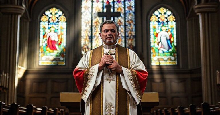 Kaplica katolicka z kapłanem w tradycyjnych szatach liturgicznych trzymającym krucyfiks. Scena oświetlona promieniami światła przechodzącymi przez witraże przedstawiające biblijne sceny.