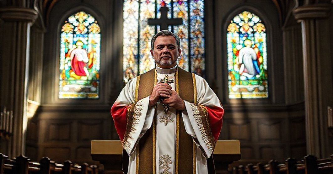 Kaplica katolicka z kapłanem w tradycyjnych szatach liturgicznych trzymającym krucyfiks. Scena oświetlona promieniami światła przechodzącymi przez witraże przedstawiające biblijne sceny.