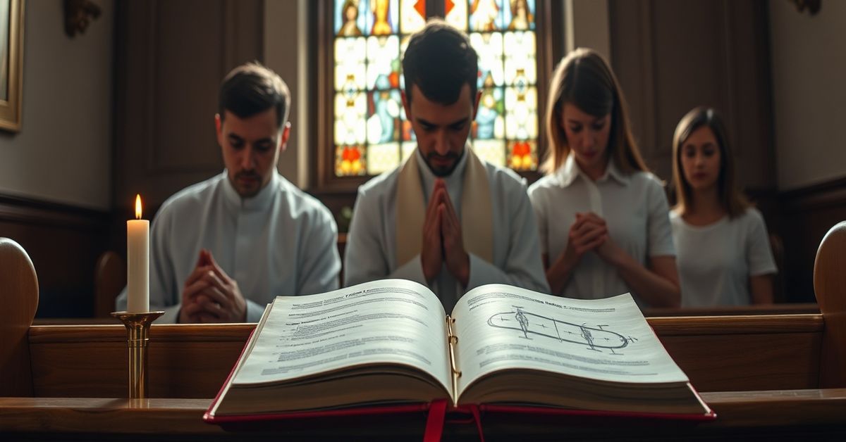 Kaplica katolicka z kapłanem modlącym się w białych szatach obok rodziców i młodzieńca w smutku, z przekreślonymi schematami operacyjnymi na stole.