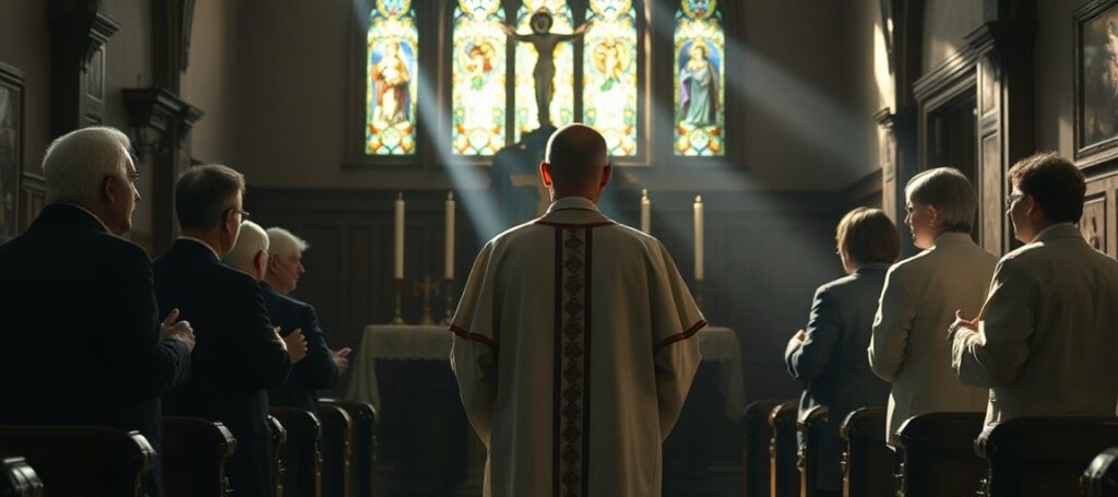 Kaplica katolicka z kapłanem i grupą wiernych omówiających ważność rezygnacji Benedykta XVI
