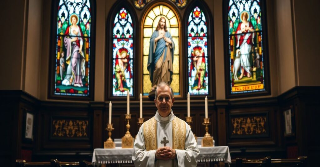 Kaplica katolicka z posągiem Serca Jezusa i witrażami przedstawiającymi biblijne sceny. Na pierwszym planie stoi ksiądz w tradycyjnym ubraniu kościelnym przed ołtarzem ze świecami i krzyżem.