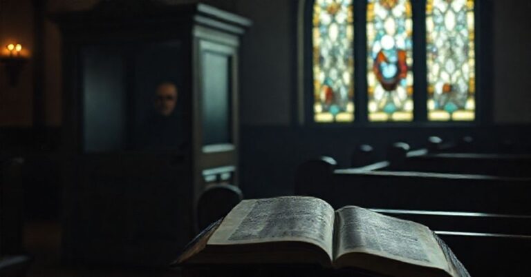 Ciemna kaplica katolicka z pustym konfesjonałem i biblią otwartą na Ewangeliach. Odblaski Anthony'ego Hopkinsa w witrażu.