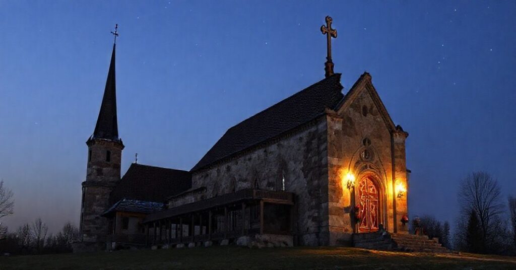 Opuszczona katolicka kaplica w Rumunii z kapłanem i wiernymi, symbolizująca walkę z herezją posoborową.