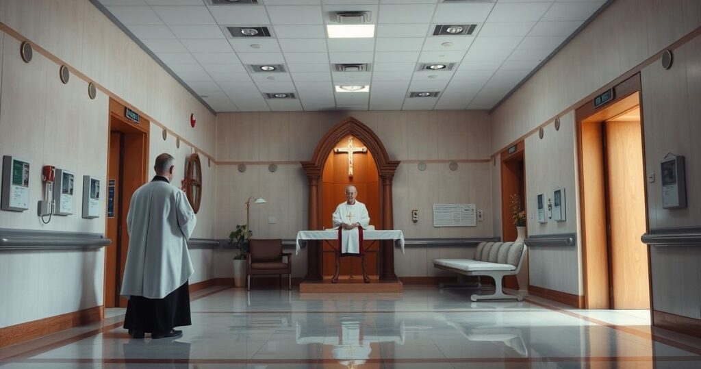 Tradycyjna kaplica katolicka w szpitalu, kapłan w sutannie, podkreślający sacrum w nowoczesnym środowisku medycznym, obraz realistyczny i pełen szacunku