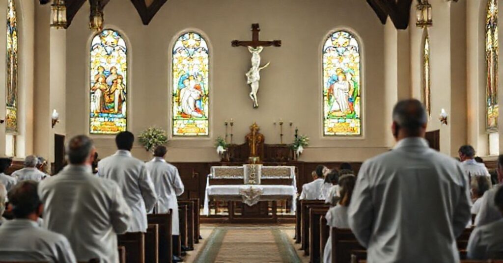 Wnętrze kaplicy katolickiej z anatolijskim ołtarzem i krzyżem, na pierwszym planie lekarze w białych fartuchach słuchają mówcy na trybunie