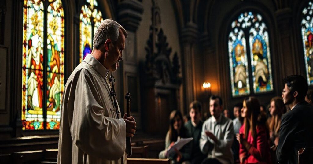 Tradycyjny kleryk stojący w kaplicy z krzyżem, rozglądając się z troską na grupę młodych ludzi dyskutujących o nowoczesnych ideach. Stylizacja odzwierciedla konflikt między tradycyjną katolicką nauką a współczesnymi ideami synodalności.