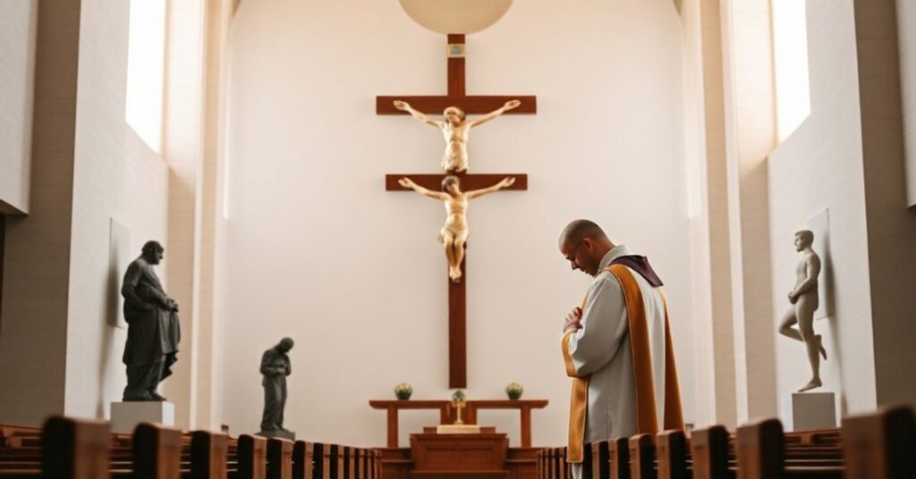 Kaplica katolicka z krzyżem i księdzem w modlitwie - symbol oferektu i pokuty