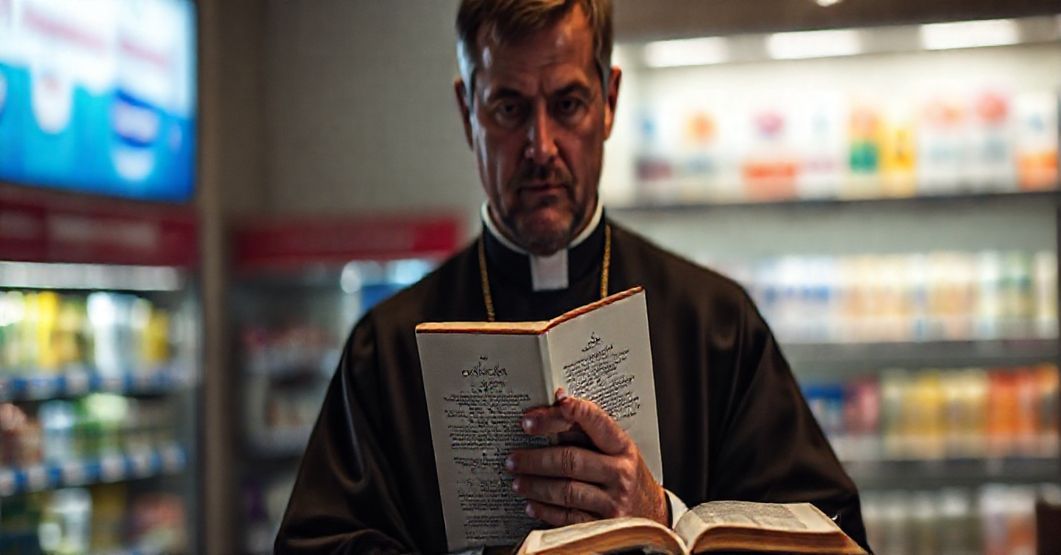 Kaplica z tradycyjnym księdzem w stroju liturgicznym trzymającym encyklikę Casti Connubii, z tłem apteki z antykoncepcją.