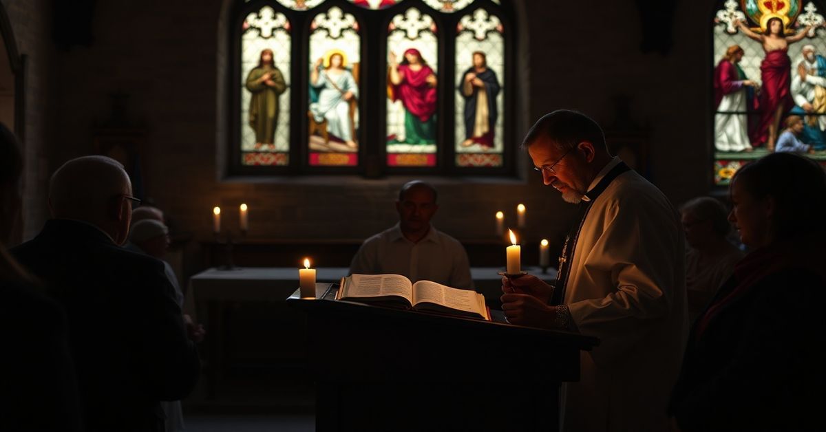Ciemny wnętrze kaplicy z księdzem czytającym Biblię w przekładzie Wulgaty w środku