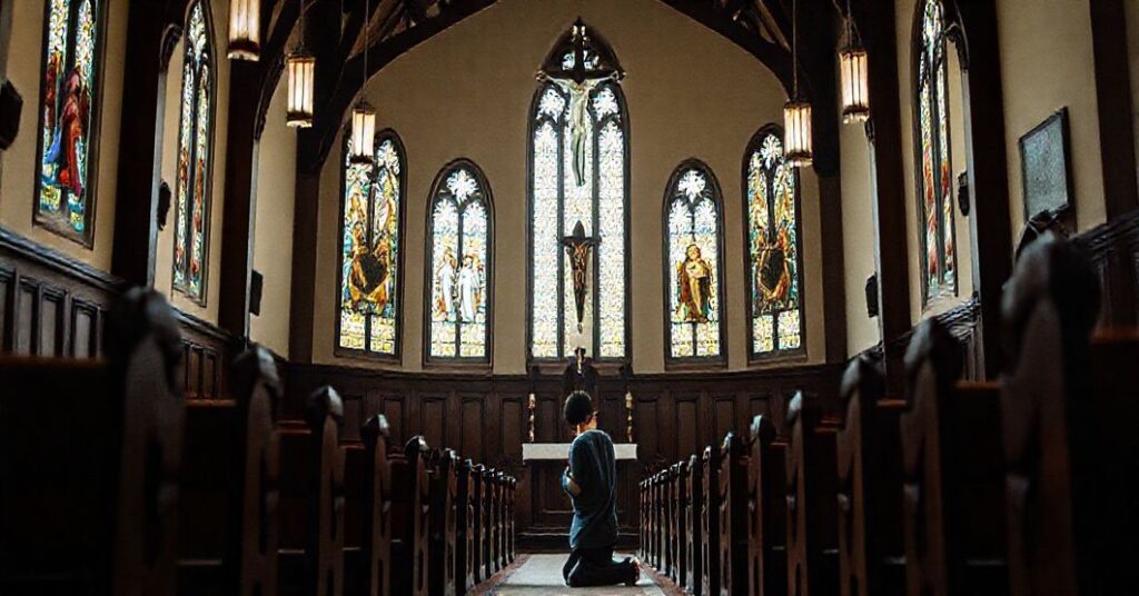 Sobór katolicki: wnętrze kaplicy uniwersyteckiej z krzyżem i modlącym się seminarzystą