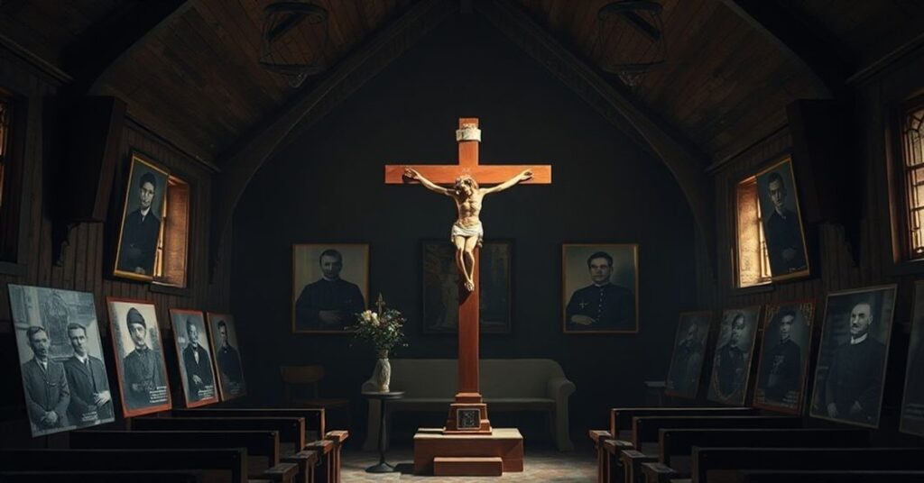 Ciemna i godna kaplica katolicka z krzyżem w centrum otoczona historycznymi zdjęciami polskiego duchowieństwa męczenników Dachau.