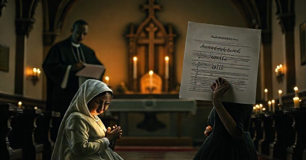 Cmentarz z figurą Matki Boskiej w tle oraz kobiety modlących się przed nią w smutku i niepokoju