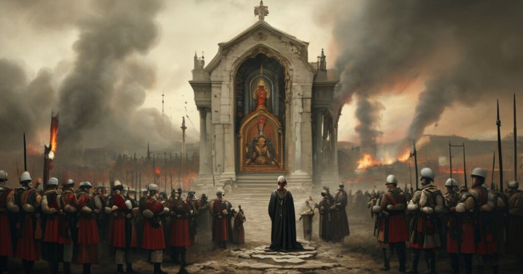 Kaplica katolicka z księdzem modlącego się przed ikoną Matki Boskiej Pobiedziskiej podczas wojny.