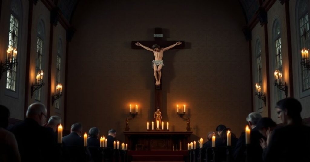 Wierni modlący się w tradycyjnej kaplicy katolickiej, symbolizując opór wobec synkretycznego Forum Ukraińców w Przemyślu