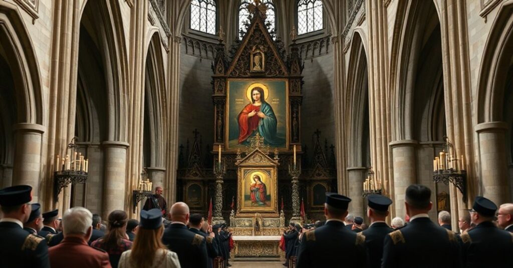 Wnętrze kaplicy polskiej w Notre-Dame w Paryżu z ikoną Jasnogórską podczas kontrowersyjnego wprowadzenia w listopadzie 2025