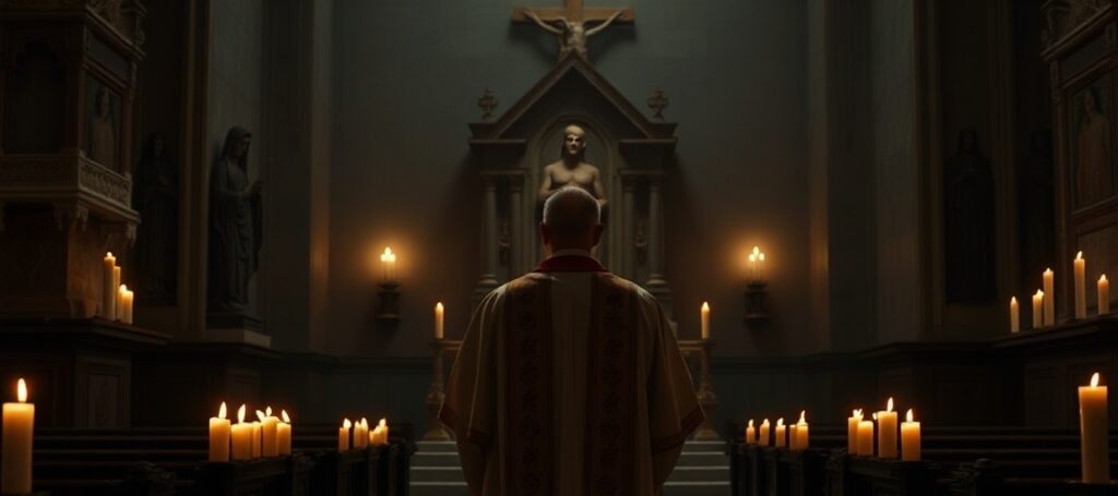Tradycyjna katolicka kaplica z pustym tronem papieskim i smutnym kapłanem w szatach liturgicznych