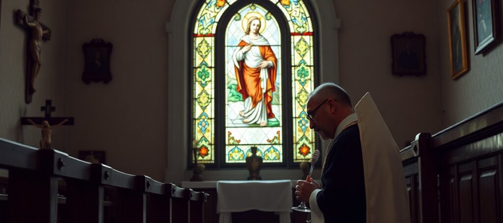 Ciemna kaplica z tradycyjnymi katolickimi ozdobami, w której kapłan w sutannie udziela sakramentu pokuty mężczyźnie walczącemu z alkoholizmem. Na tle witraż z Chrystusem Królem.